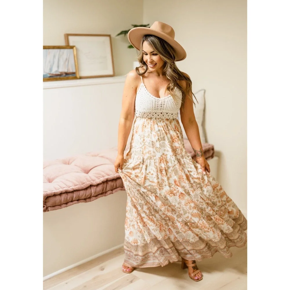 Flying Tomato Crochet Top Detail Floral Print Combo Maxi Dress Size M - Picture 13 of 13